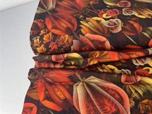 Bomuldsjersey - varme orange toner og blomster